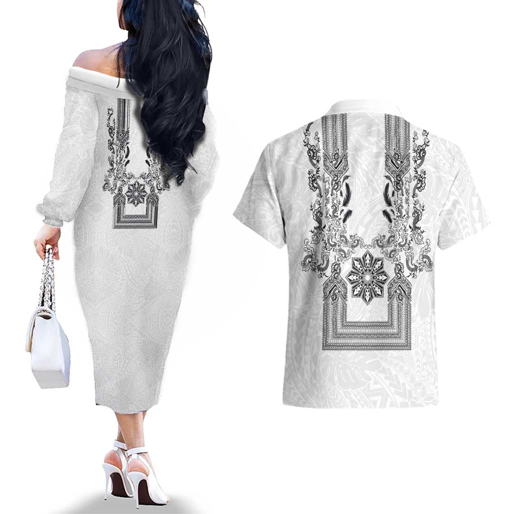Philippines Barong Style Couples Matching Off The Shoulder Long Sleeve Dress and Hawaiian Shirt with Polynesian Art and Leaf Motif Black-White Color LT03 - Polynesian Pride