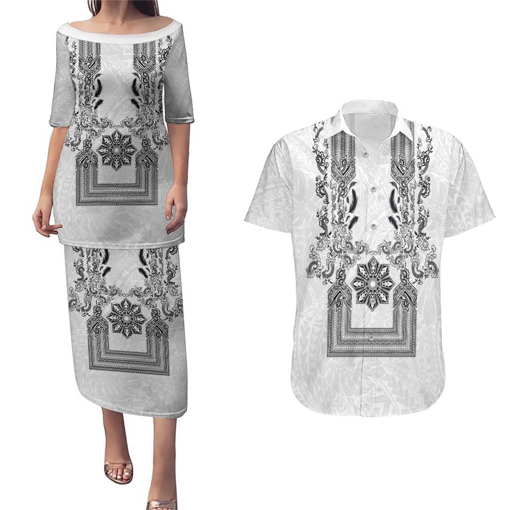 Philippines Barong Style Couples Matching Puletasi and Hawaiian Shirt with Polynesian Art and Leaf Motif Black-White Color