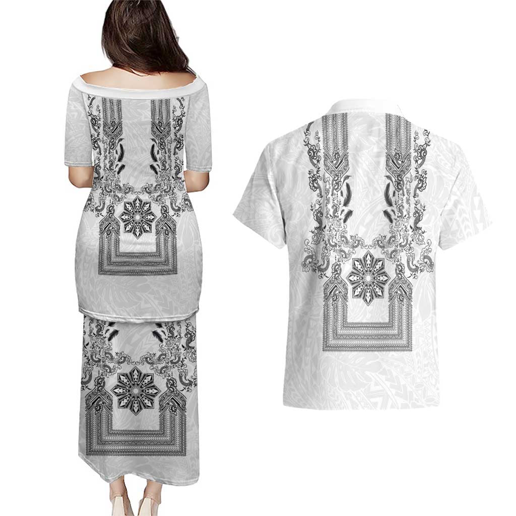 Philippines Barong Style Couples Matching Puletasi and Hawaiian Shirt with Polynesian Art and Leaf Motif Black-White Color