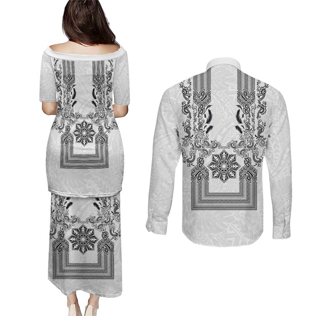 Philippines Barong Style Couples Matching Puletasi and Long Sleeve Button Shirt with Polynesian Art and Leaf Motif Black-White Color