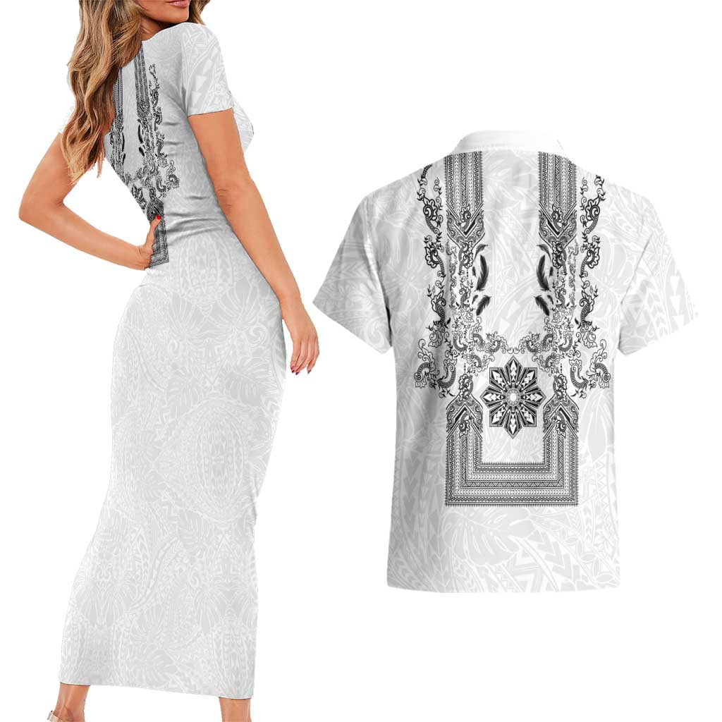 Philippines Barong Style Couples Matching Short Sleeve Bodycon Dress and Hawaiian Shirt with Polynesian Art and Leaf Motif Black-White Color LT03 - Polynesian Pride