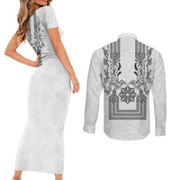 Philippines Barong Style Couples Matching Short Sleeve Bodycon Dress and Long Sleeve Button Shirt with Polynesian Art and Leaf Motif Black-White Color