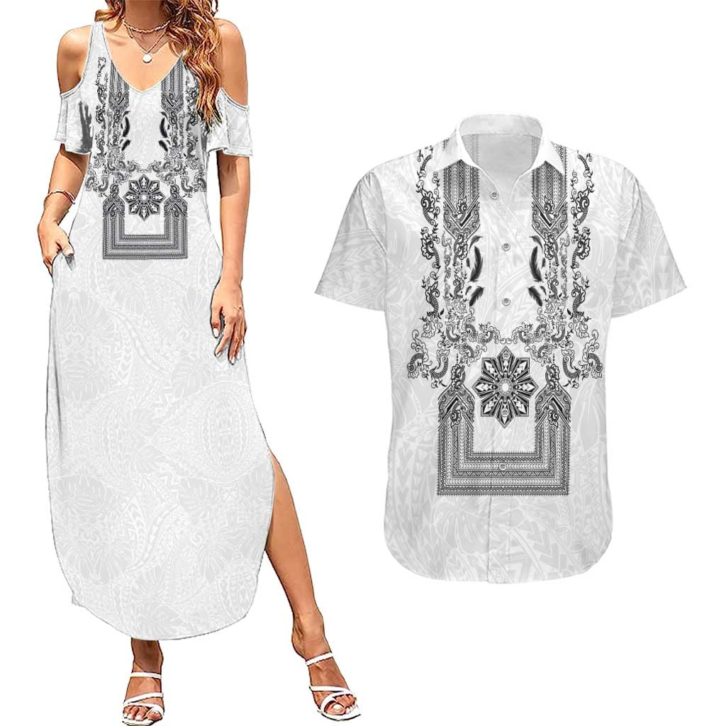 Philippines Barong Style Couples Matching Summer Maxi Dress and Hawaiian Shirt with Polynesian Art and Leaf Motif Black-White Color
