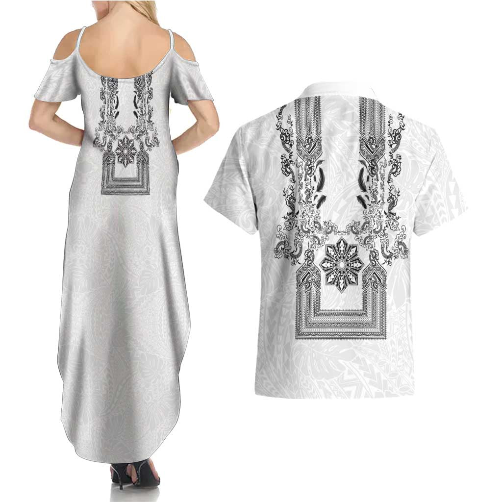 Philippines Barong Style Couples Matching Summer Maxi Dress and Hawaiian Shirt with Polynesian Art and Leaf Motif Black-White Color