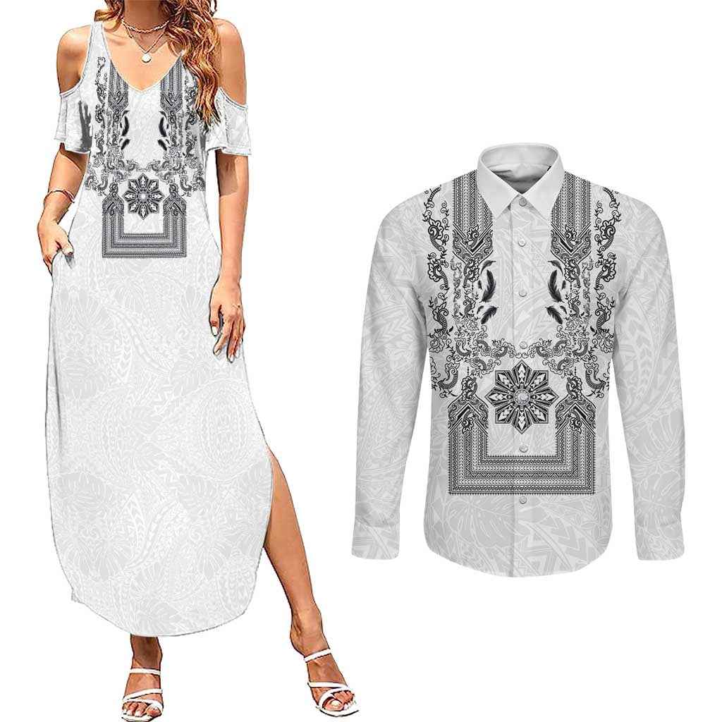 Philippines Barong Style Couples Matching Summer Maxi Dress and Long Sleeve Button Shirt with Polynesian Art and Leaf Motif Black-White Color