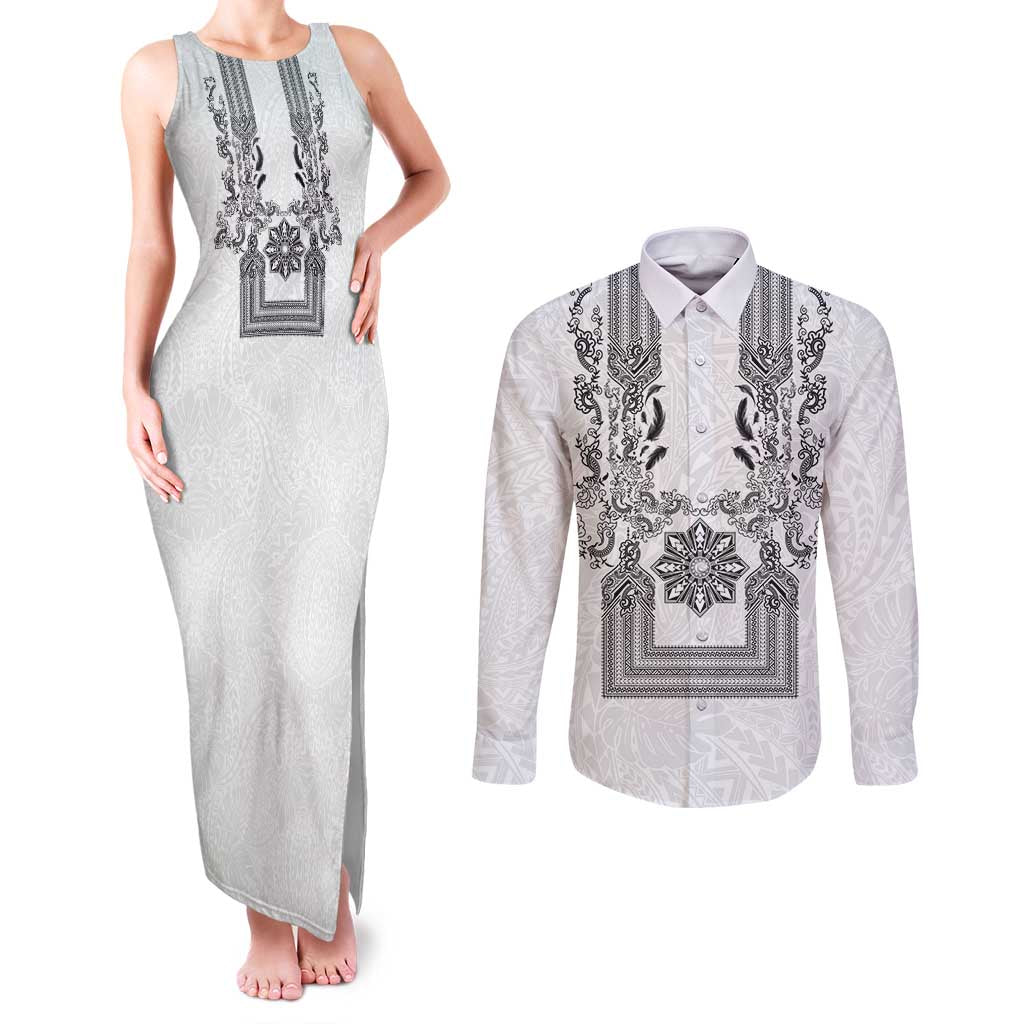 Philippines Barong Style Couples Matching Tank Maxi Dress and Long Sleeve Button Shirt with Polynesian Art and Leaf Motif Black-White Color