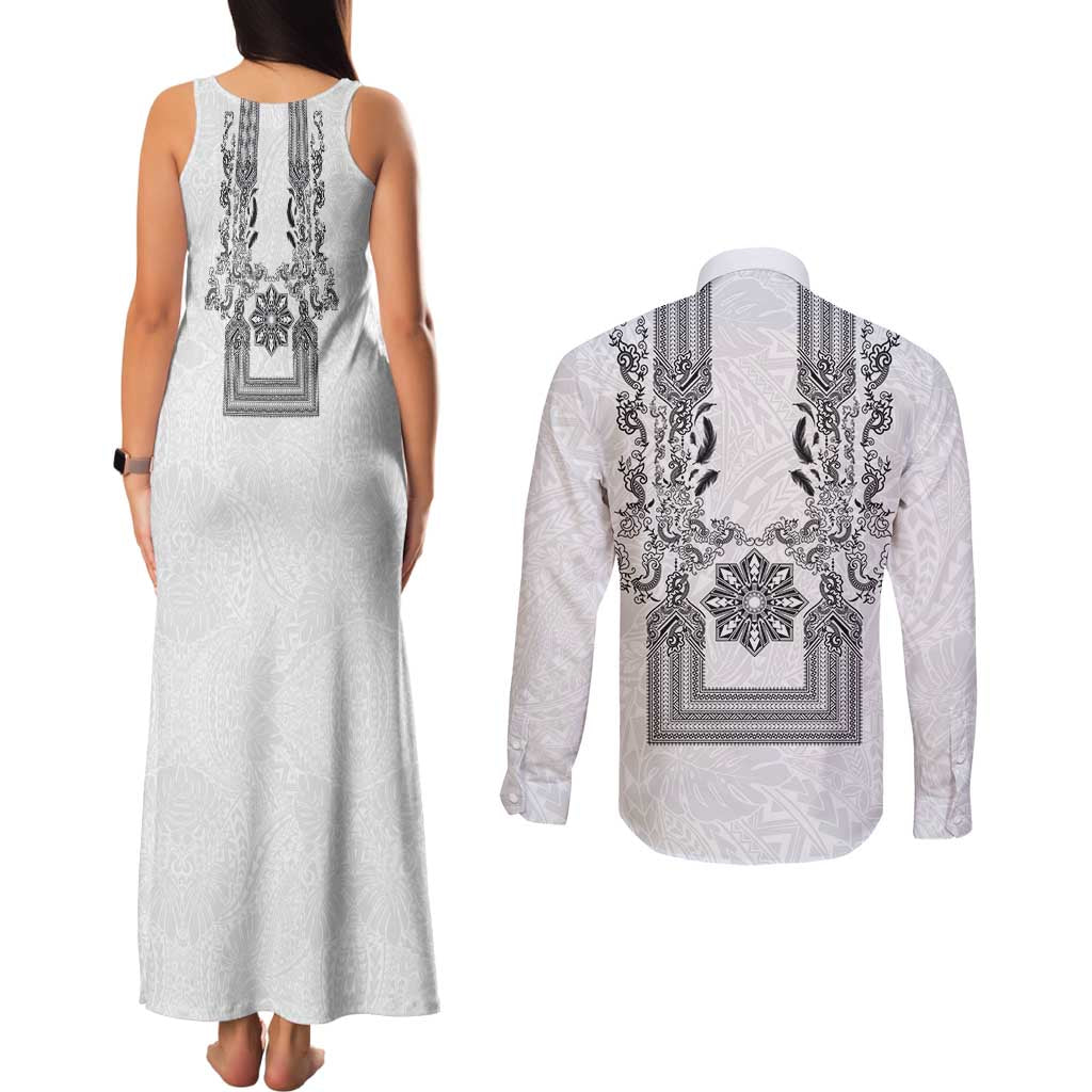 Philippines Barong Style Couples Matching Tank Maxi Dress and Long Sleeve Button Shirt with Polynesian Art and Leaf Motif Black-White Color