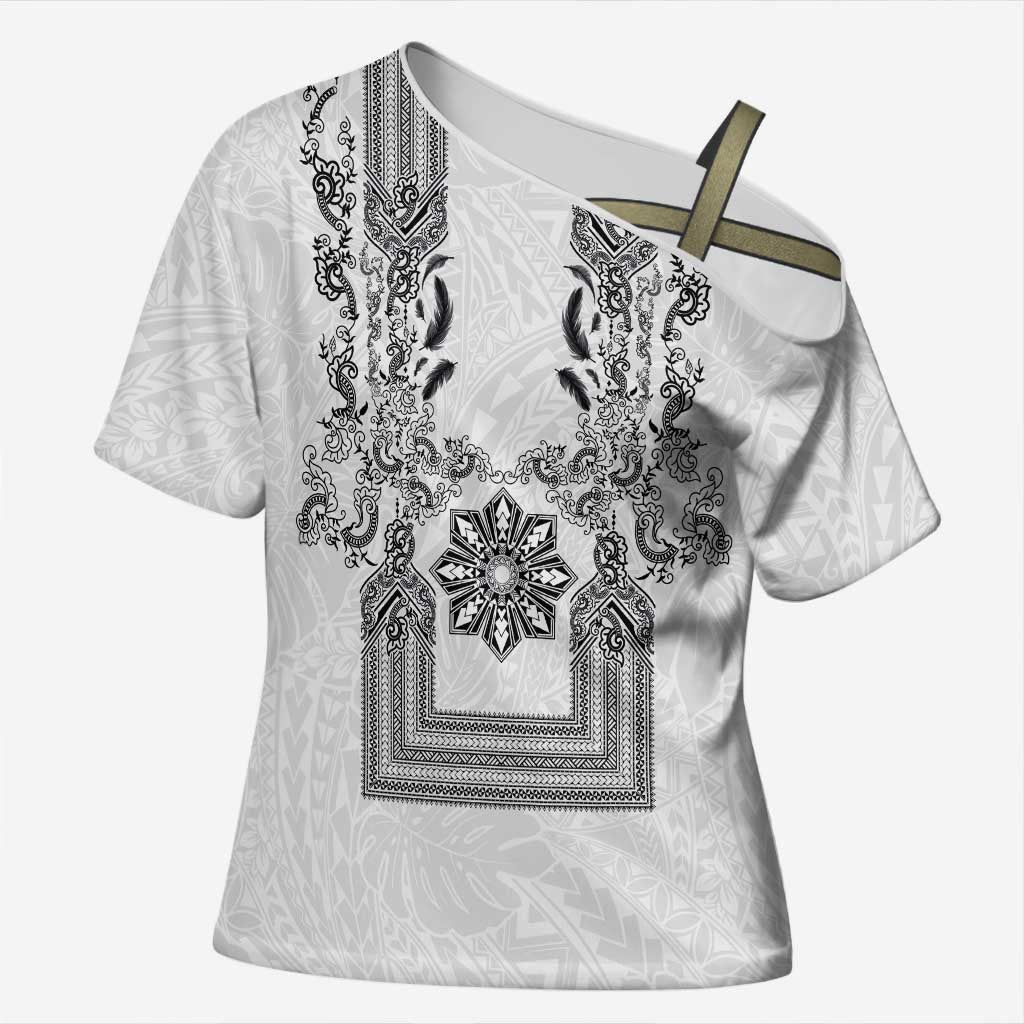 Philippines Barong Style Cross Shoulder Shirt with Polynesian Art and Leaf Motif Black-White Color