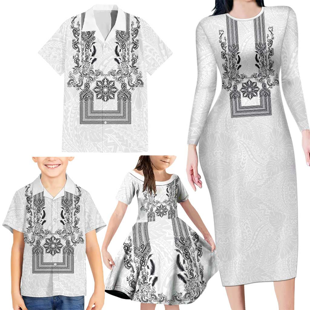 Philippines Barong Style Family Matching Long Sleeve Bodycon Dress and Hawaiian Shirt with Polynesian Art and Leaf Motif Black-White Color