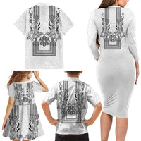Philippines Barong Style Family Matching Long Sleeve Bodycon Dress and Hawaiian Shirt with Polynesian Art and Leaf Motif Black-White Color LT03 - Polynesian Pride