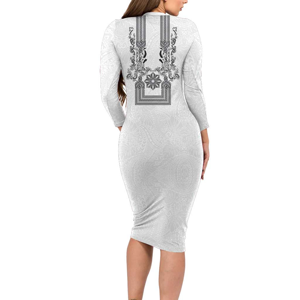 Philippines Barong Style Family Matching Long Sleeve Bodycon Dress and Hawaiian Shirt with Polynesian Art and Leaf Motif Black-White Color LT03 - Polynesian Pride