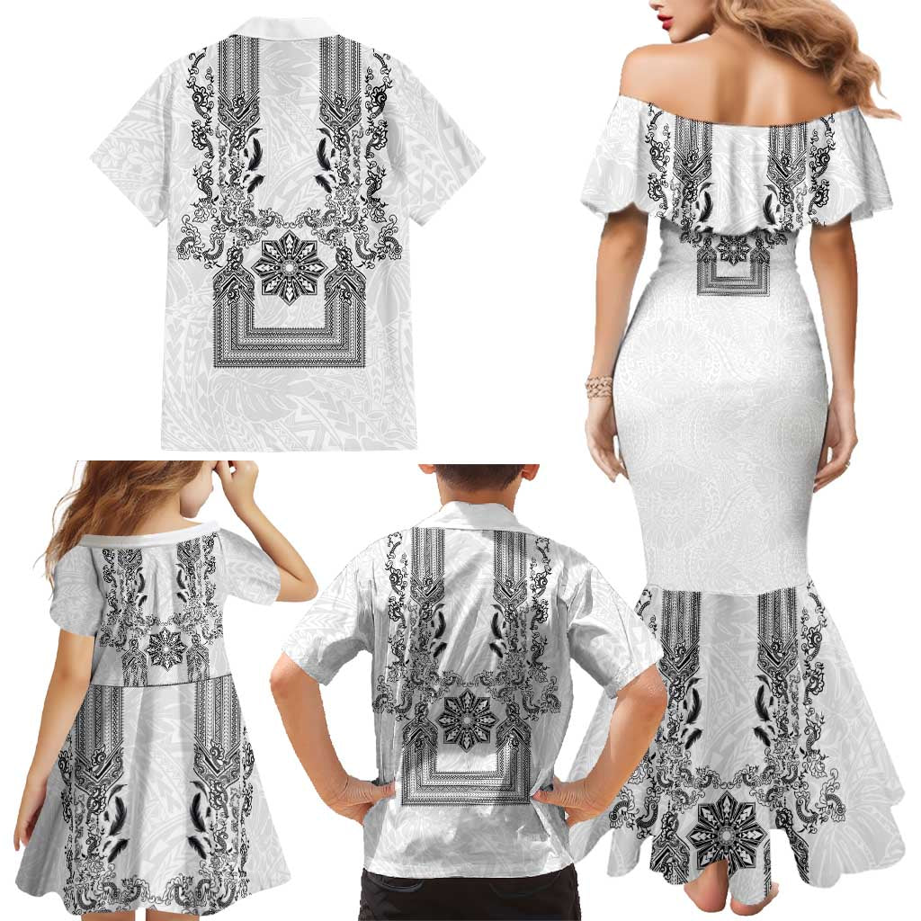 Philippines Barong Style Family Matching Mermaid Dress and Hawaiian Shirt with Polynesian Art and Leaf Motif Black-White Color LT03 - Polynesian Pride