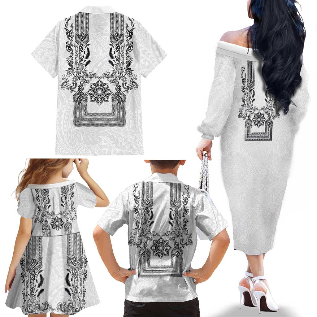 Philippines Barong Style Family Matching Off The Shoulder Long Sleeve Dress and Hawaiian Shirt with Polynesian Art and Leaf Motif Black-White Color LT03 - Polynesian Pride