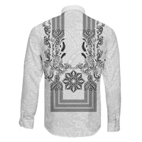 Philippines Barong Style Family Matching Off The Shoulder Long Sleeve Dress and Hawaiian Shirt with Polynesian Art and Leaf Motif Black-White Color LT03 - Polynesian Pride