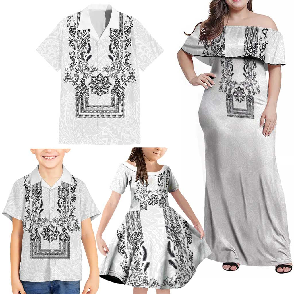 Philippines Barong Style Family Matching Off Shoulder Maxi Dress and Hawaiian Shirt with Polynesian Art and Leaf Motif Black-White Color