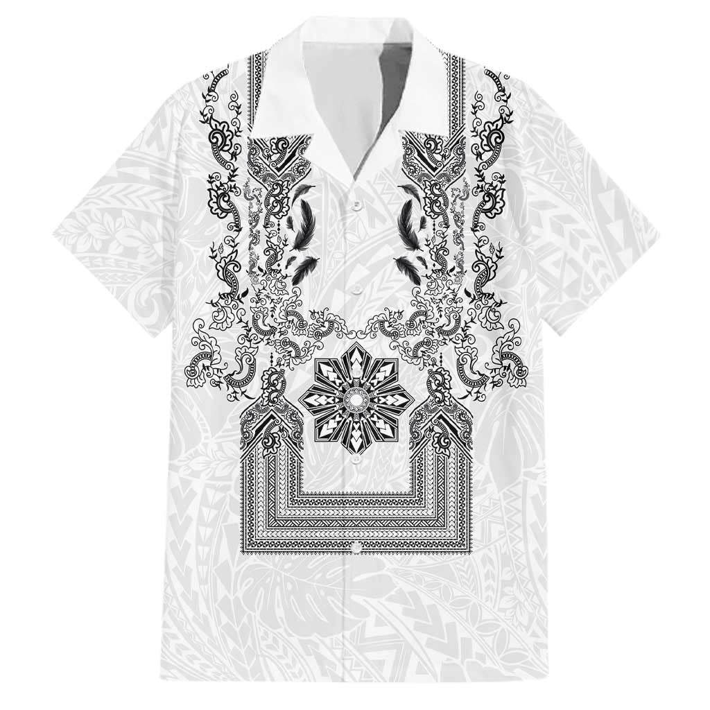 Philippines Barong Style Family Matching Off Shoulder Maxi Dress and Hawaiian Shirt with Polynesian Art and Leaf Motif Black-White Color LT03 Dad's Shirt - Short Sleeve White - Polynesian Pride