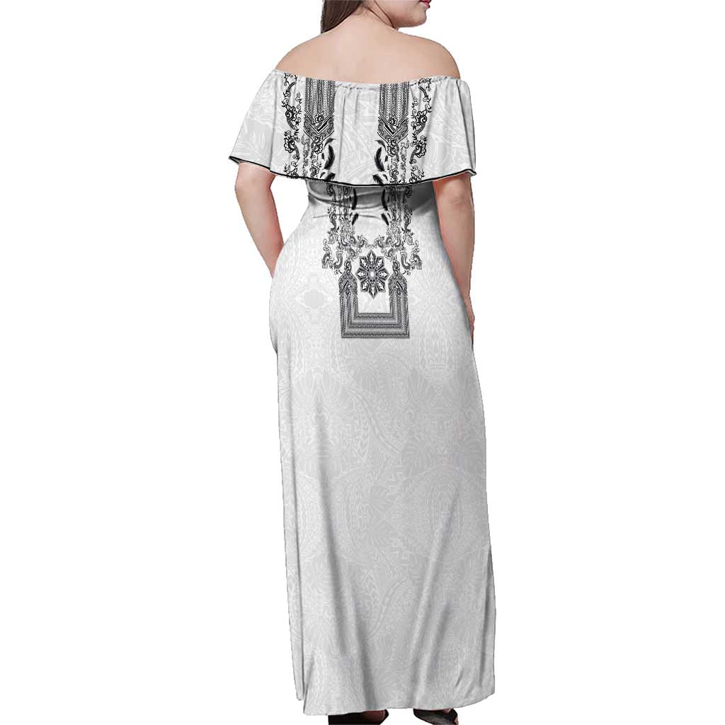 Philippines Barong Style Family Matching Off Shoulder Maxi Dress and Hawaiian Shirt with Polynesian Art and Leaf Motif Black-White Color LT03 - Polynesian Pride