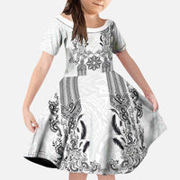 Philippines Barong Style Family Matching Off Shoulder Short Dress and Hawaiian Shirt with Polynesian Art and Leaf Motif Black-White Color LT03 Daughter's Dress White - Polynesian Pride
