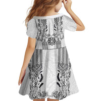 Philippines Barong Style Family Matching Off Shoulder Short Dress and Hawaiian Shirt with Polynesian Art and Leaf Motif Black-White Color LT03 - Polynesian Pride