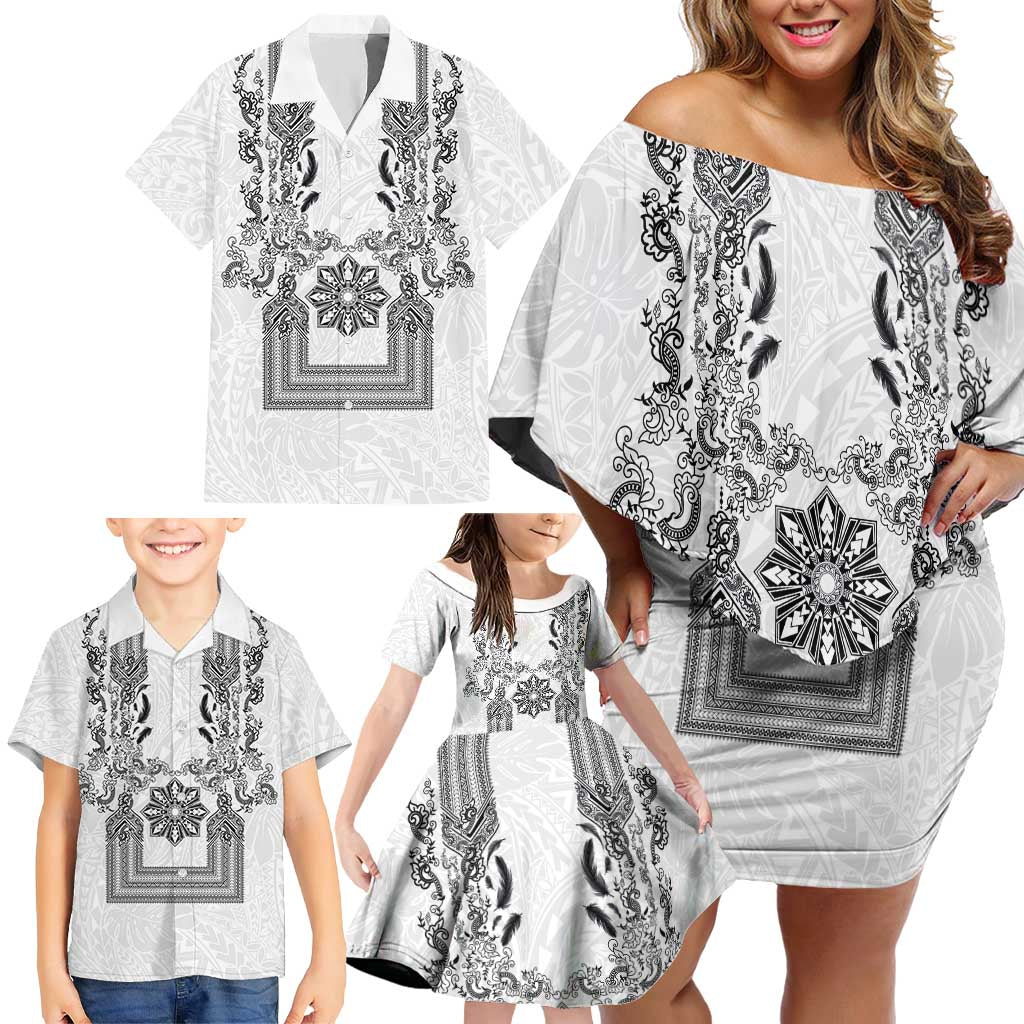 Philippines Barong Style Family Matching Off Shoulder Short Dress and Hawaiian Shirt with Polynesian Art and Leaf Motif Black-White Color LT03 - Polynesian Pride