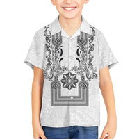 Philippines Barong Style Family Matching Puletasi and Hawaiian Shirt with Polynesian Art and Leaf Motif Black-White Color LT03 Son's Shirt White - Polynesian Pride