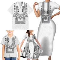 Philippines Barong Style Family Matching Short Sleeve Bodycon Dress and Hawaiian Shirt with Polynesian Art and Leaf Motif Black-White Color LT03 - Polynesian Pride