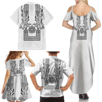 Philippines Barong Style Family Matching Summer Maxi Dress and Hawaiian Shirt with Polynesian Art and Leaf Motif Black-White Color LT03 - Polynesian Pride