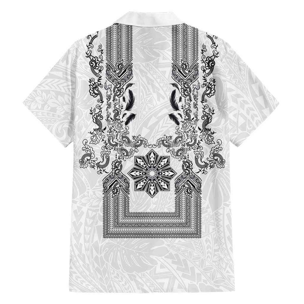 Philippines Barong Style Family Matching Summer Maxi Dress and Hawaiian Shirt with Polynesian Art and Leaf Motif Black-White Color LT03 - Polynesian Pride