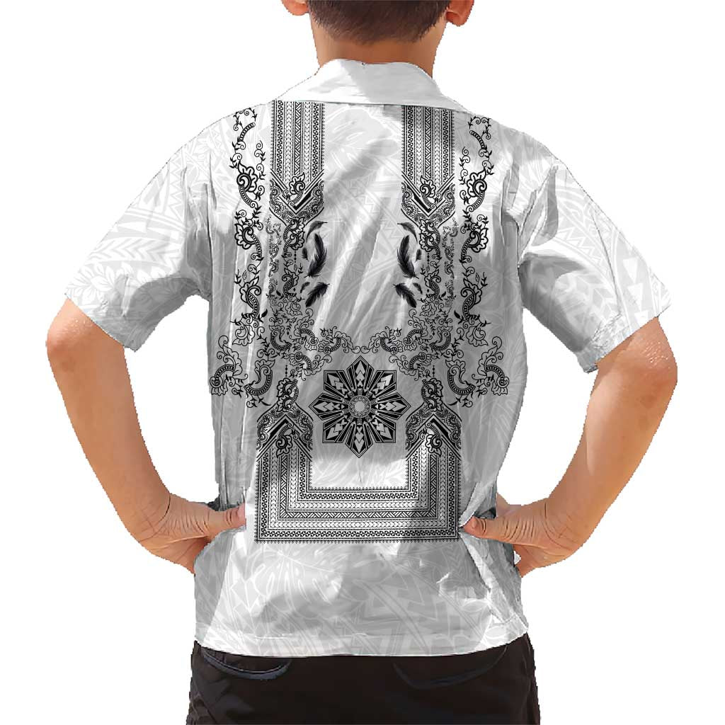 Philippines Barong Style Family Matching Tank Maxi Dress and Hawaiian Shirt with Polynesian Art and Leaf Motif Black-White Color LT03 - Polynesian Pride