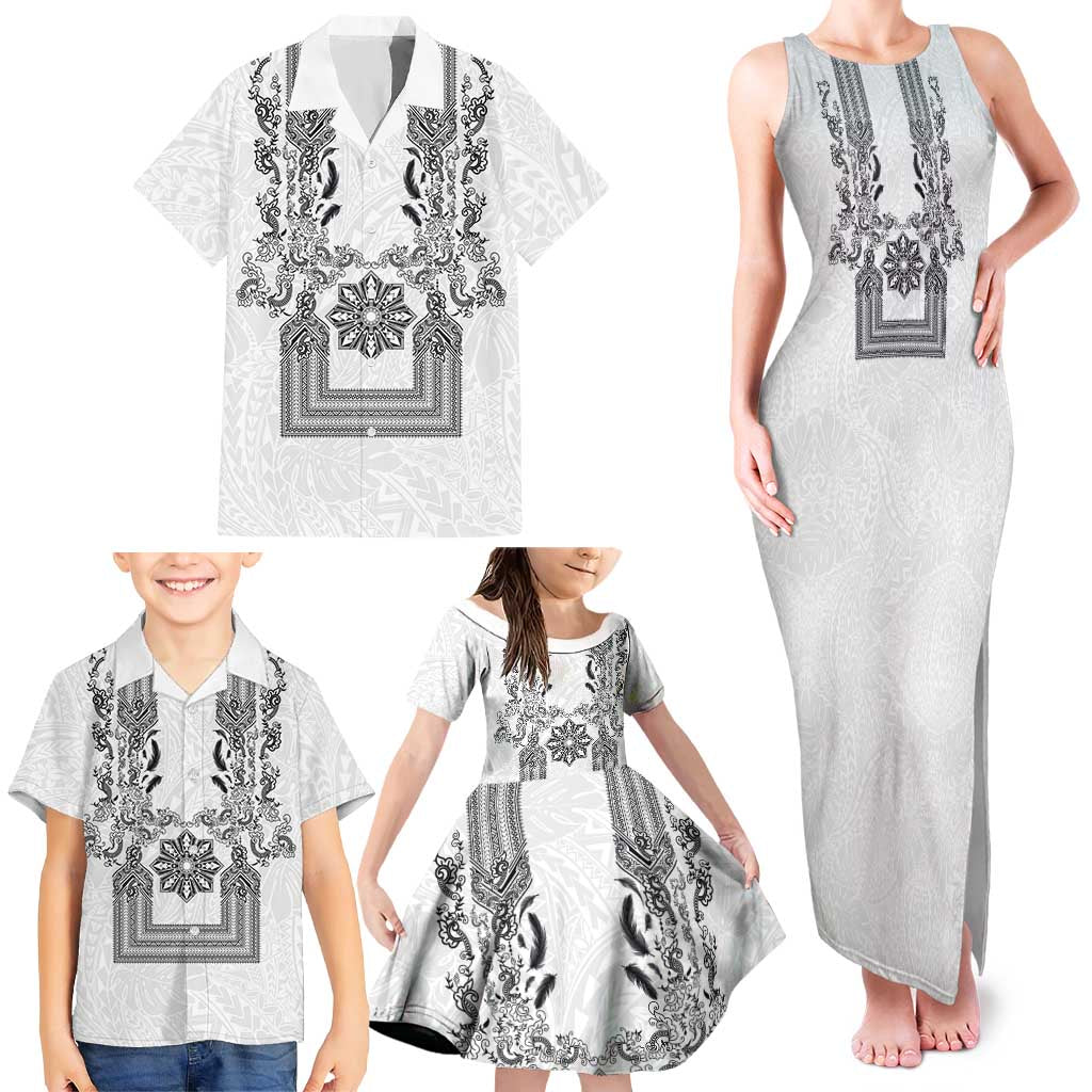 Philippines Barong Style Family Matching Tank Maxi Dress and Hawaiian Shirt with Polynesian Art and Leaf Motif Black-White Color