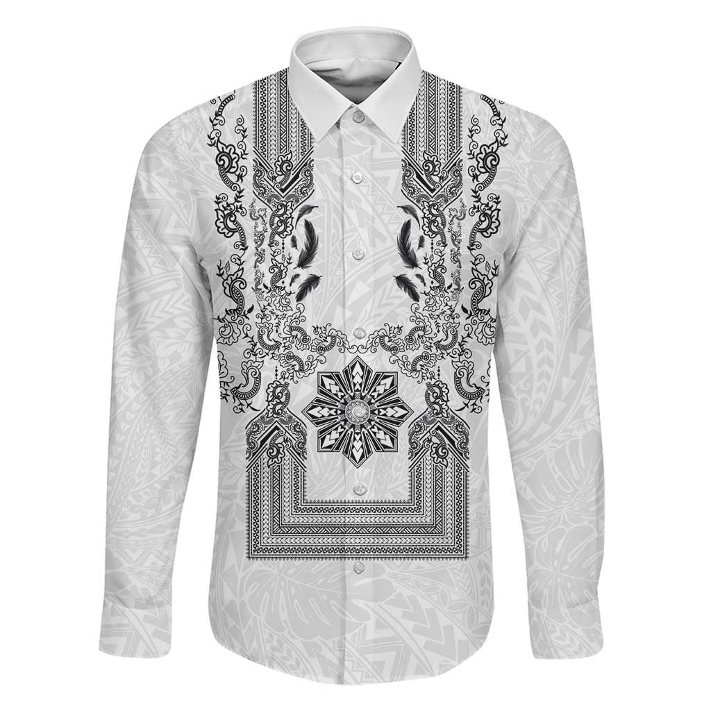 Philippines Barong Style Family Matching Tank Maxi Dress and Hawaiian Shirt with Polynesian Art and Leaf Motif Black-White Color LT03 Dad's Shirt - Long Sleeve White - Polynesian Pride
