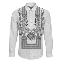 Philippines Barong Style Family Matching Tank Maxi Dress and Hawaiian Shirt with Polynesian Art and Leaf Motif Black-White Color LT03 Dad's Shirt - Long Sleeve White - Polynesian Pride