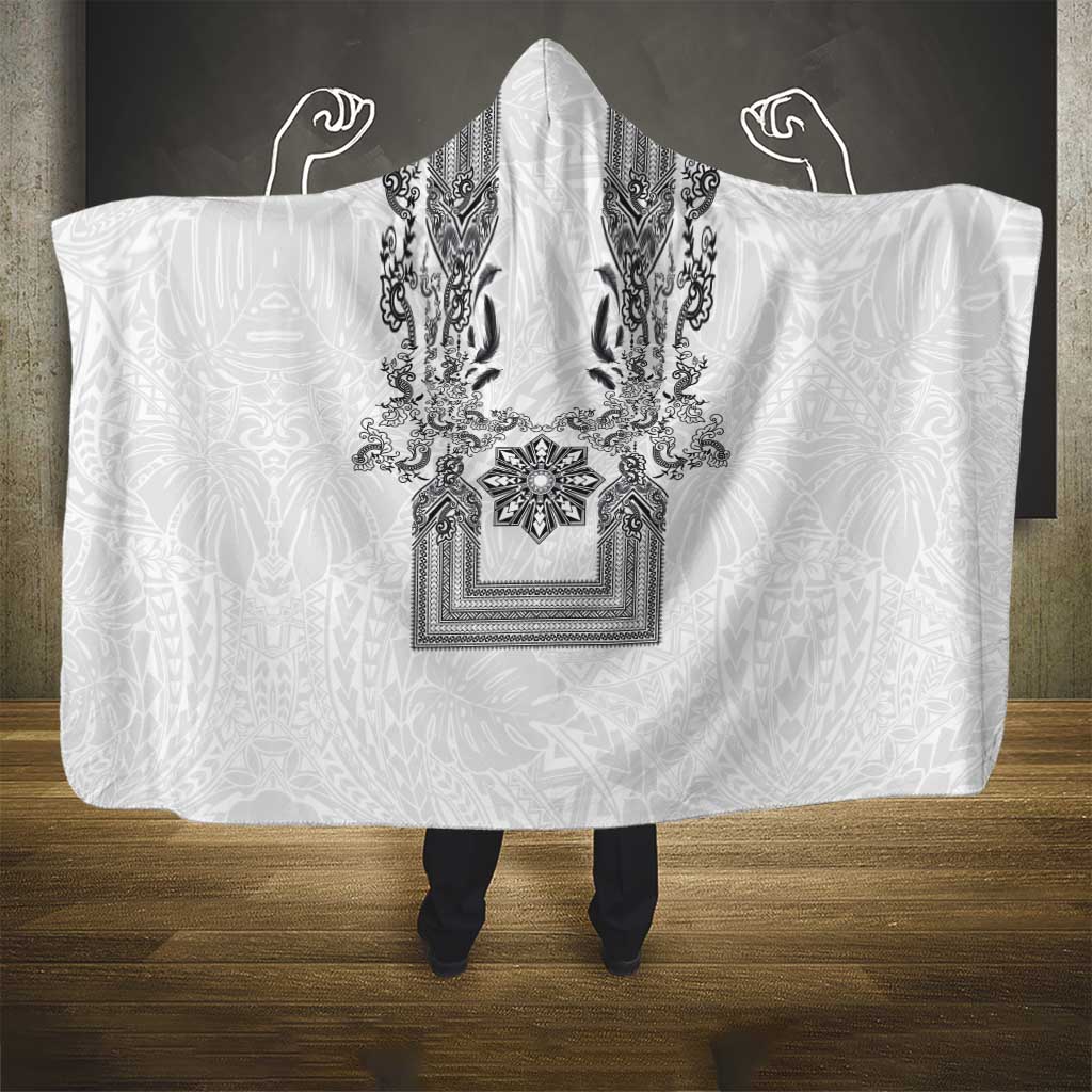 Philippines Barong Style Hooded Blanket with Polynesian Art and Leaf Motif Black-White Color