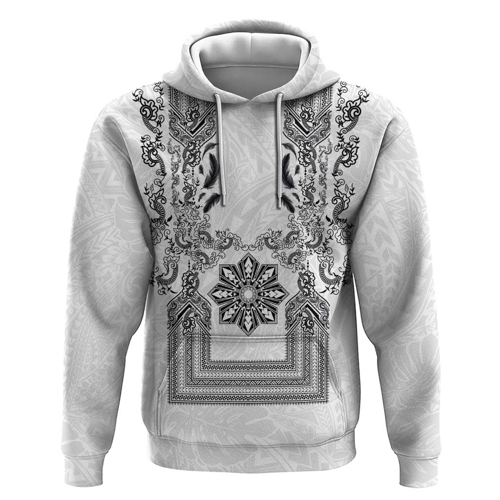 Philippines Barong Style Hoodie with Polynesian Art and Leaf Motif Black-White Color