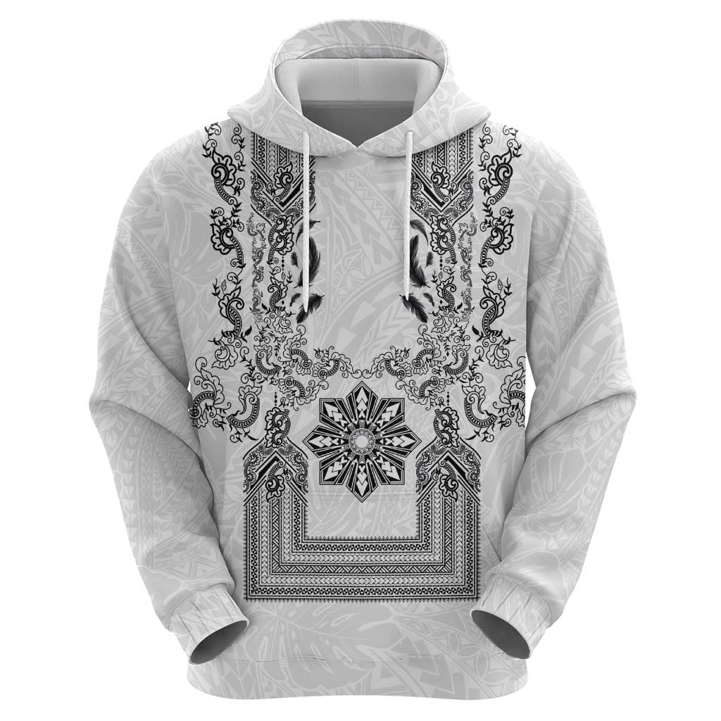 Philippines Barong Style Hoodie with Polynesian Art and Leaf Motif Black-White Color