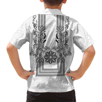 Philippines Barong Style Kid Hawaiian Shirt with Polynesian Art and Leaf Motif Black-White Color