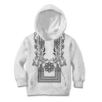Philippines Barong Style Kid Hoodie with Polynesian Art and Leaf Motif Black-White Color