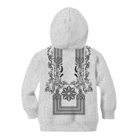 Philippines Barong Style Kid Hoodie with Polynesian Art and Leaf Motif Black-White Color