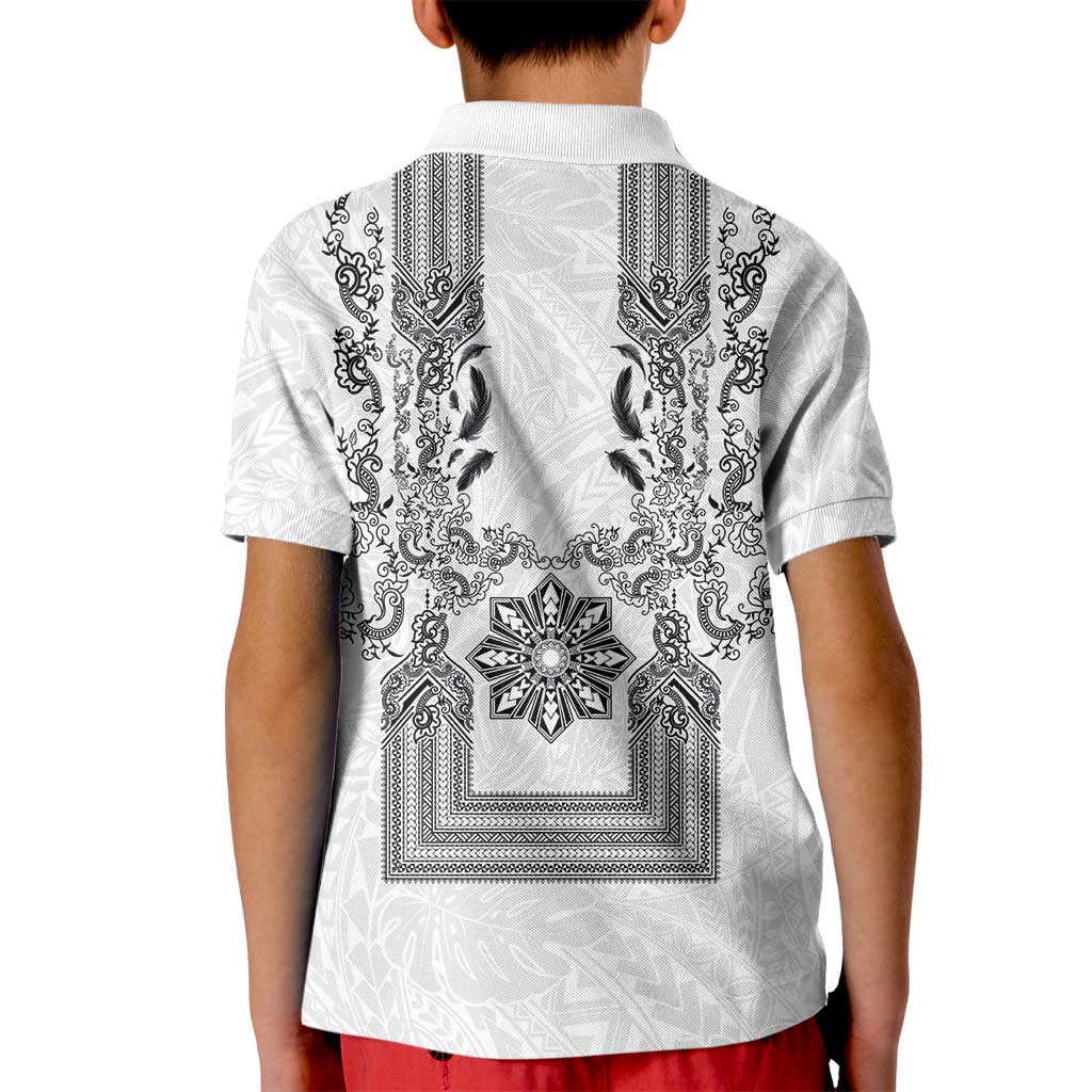 Philippines Barong Style Kid Polo Shirt with Polynesian Art and Leaf Motif Black-White Color