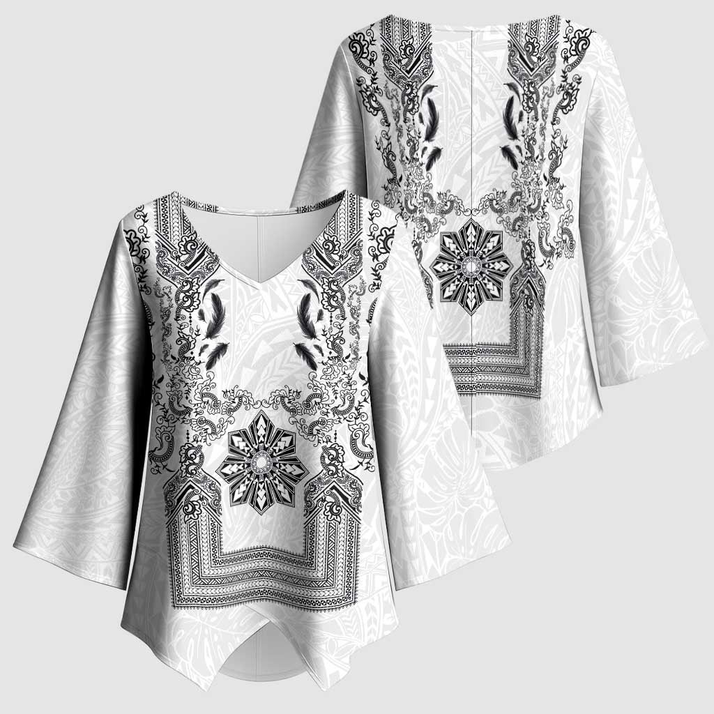 Philippines Barong Style Kimono Sleeve Blouse with Polynesian Art and Leaf Motif Black-White Color