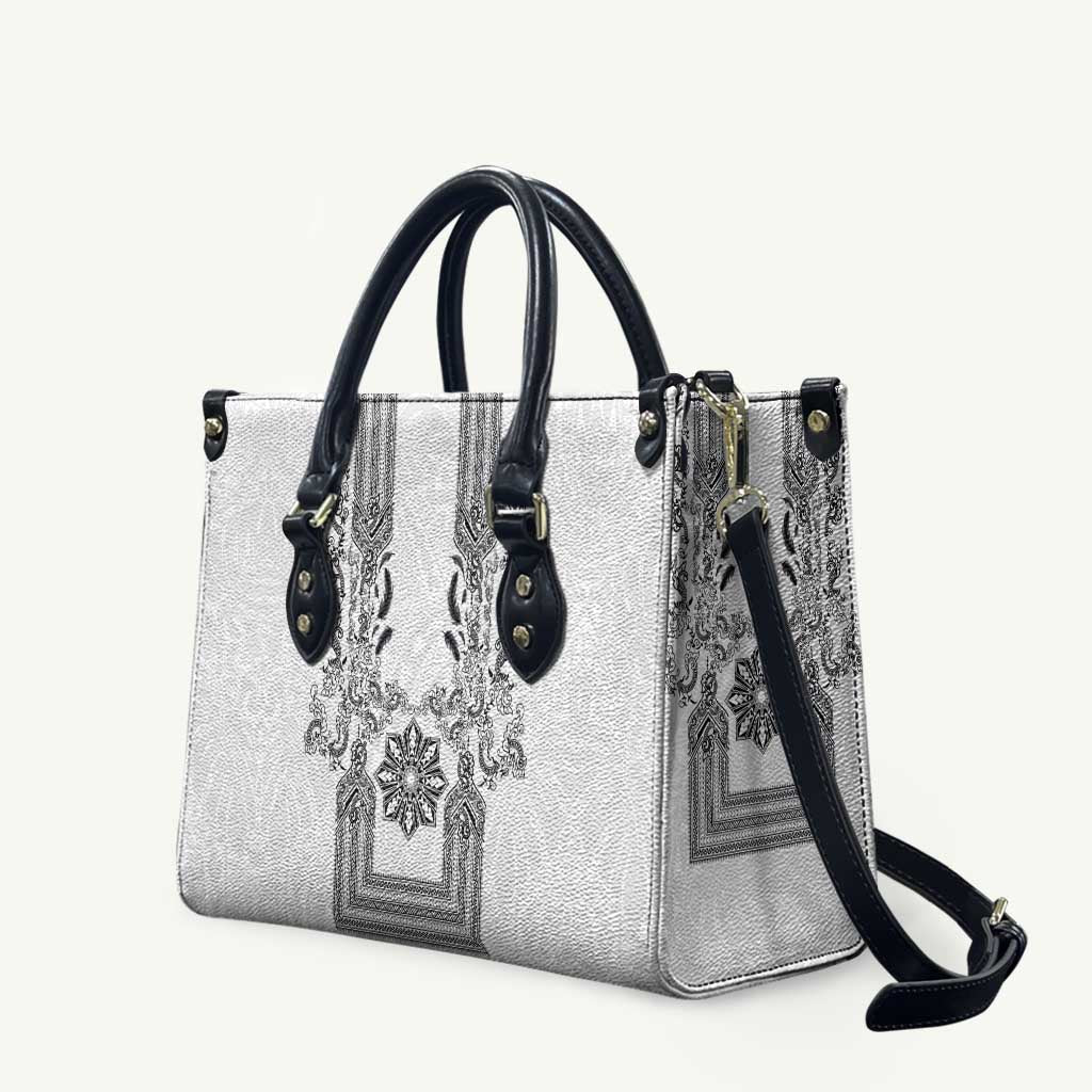 Philippines Barong Style Leather Bag with Polynesian Art and Leaf Motif Black-White Color