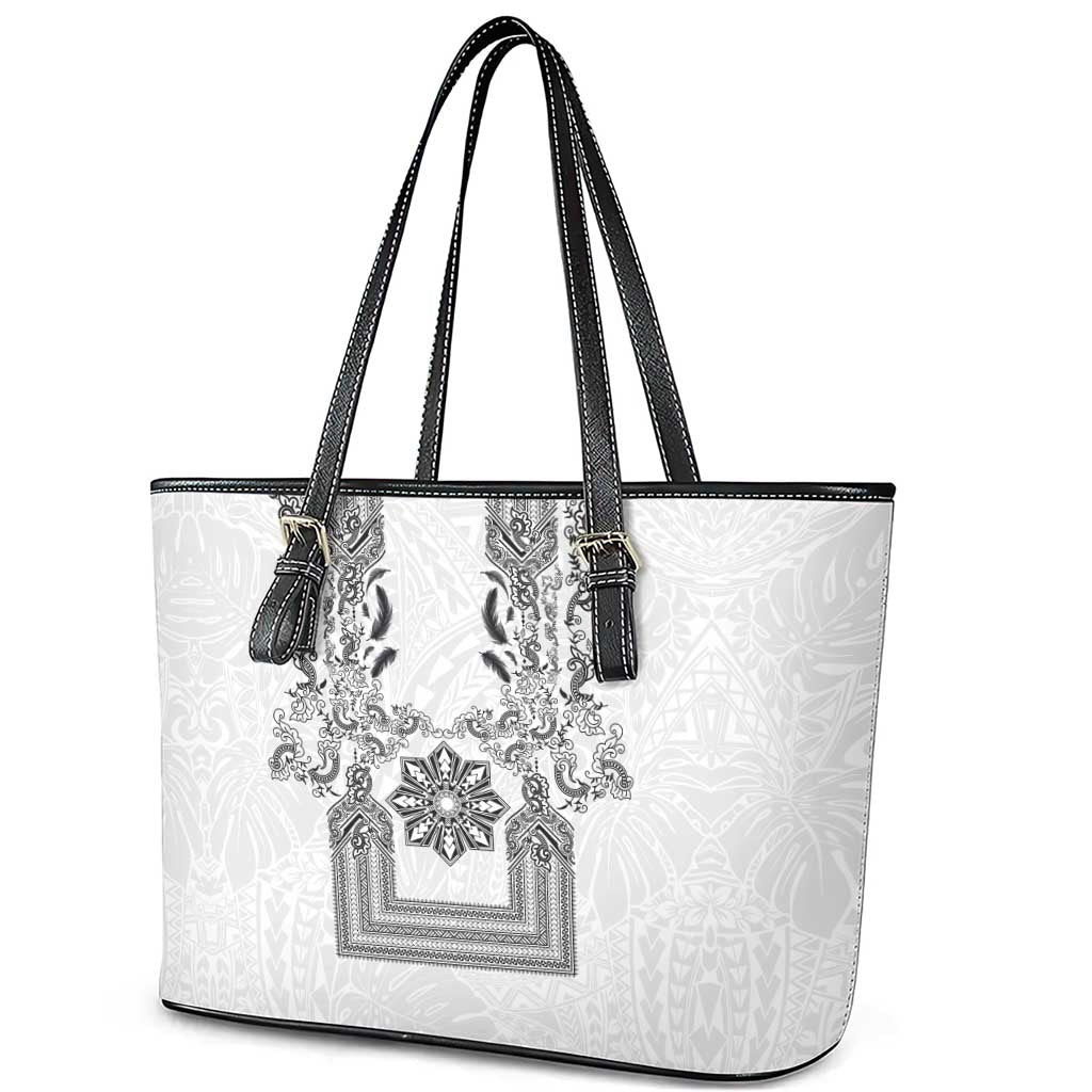 Philippines Barong Style Leather Tote Bag with Polynesian Art and Leaf Motif Black-White Color