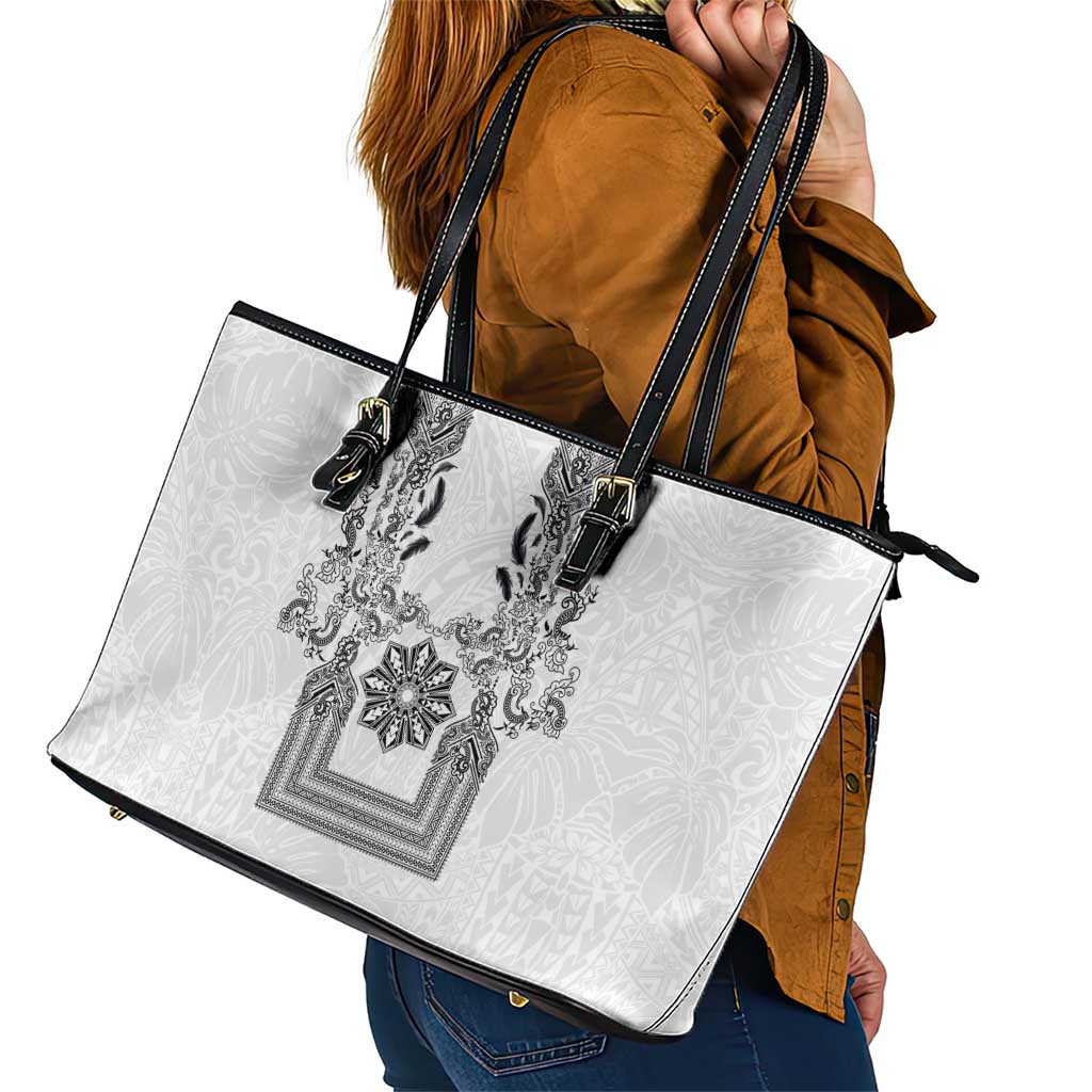 Philippines Barong Style Leather Tote Bag with Polynesian Art and Leaf Motif Black-White Color