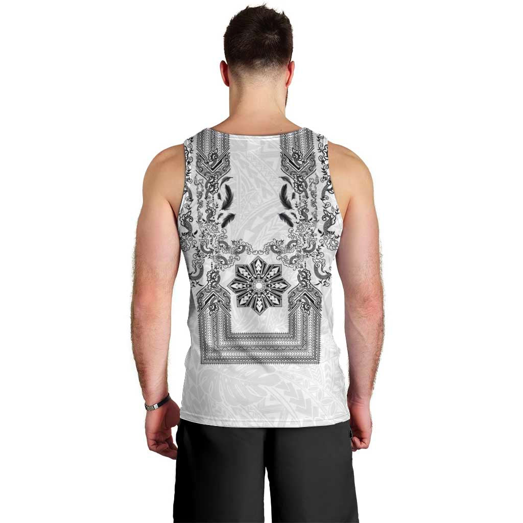 Philippines Barong Style Men Tank Top with Polynesian Art and Leaf Motif Black-White Color