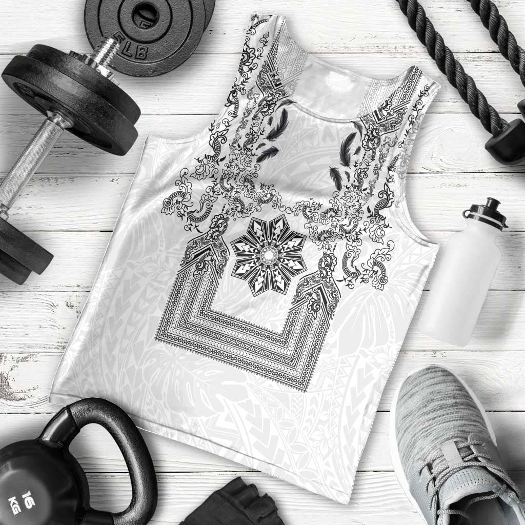 Philippines Barong Style Men Tank Top with Polynesian Art and Leaf Motif Black-White Color