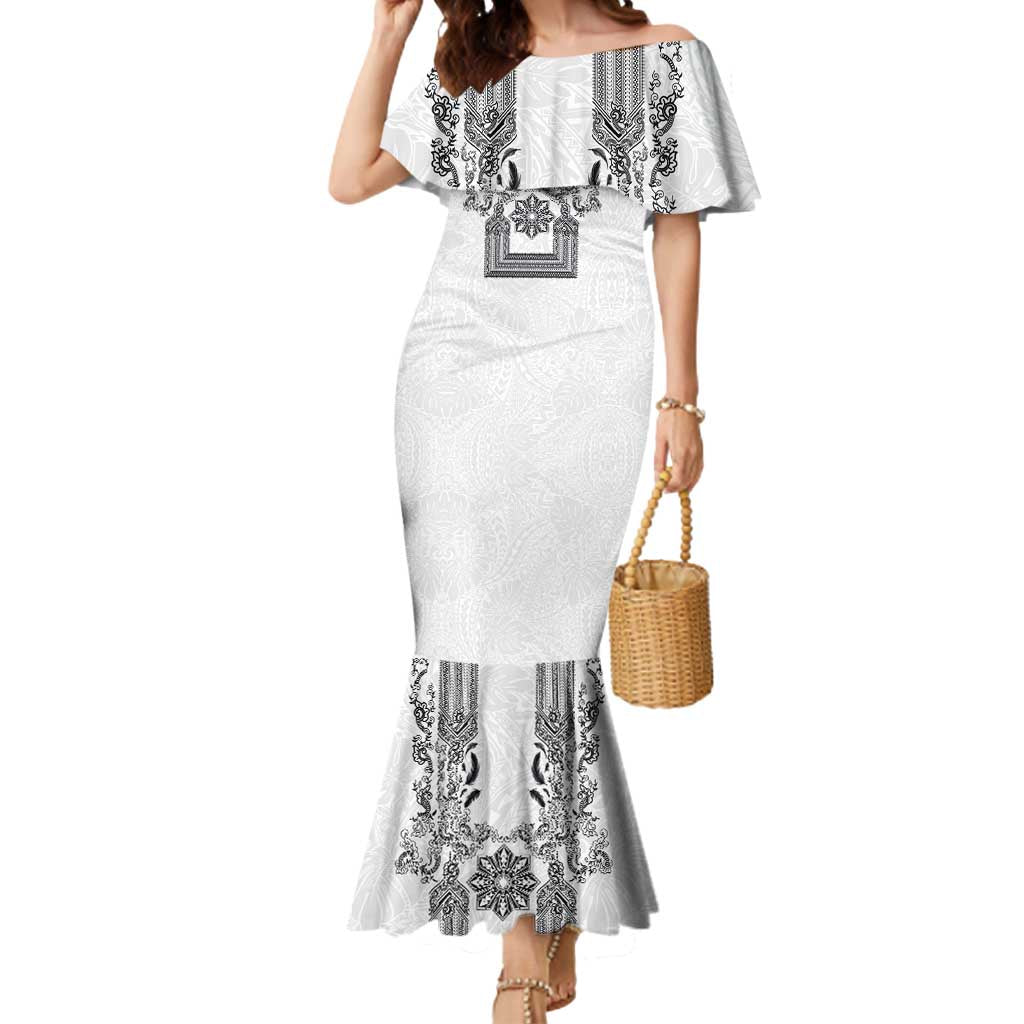 Philippines Barong Style Mermaid Dress with Polynesian Art and Leaf Motif Black-White Color