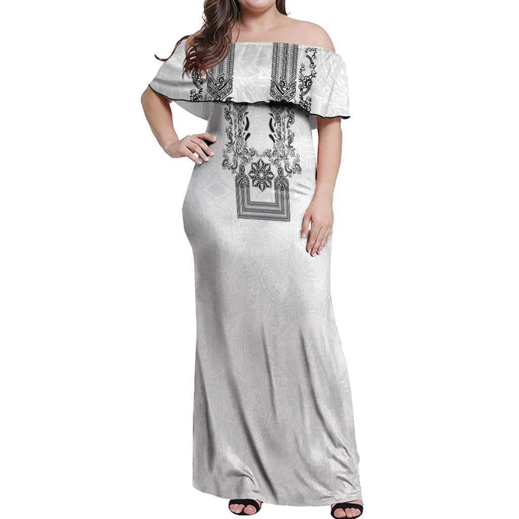 Philippines Barong Style Off Shoulder Maxi Dress with Polynesian Art and Leaf Motif Black-White Color