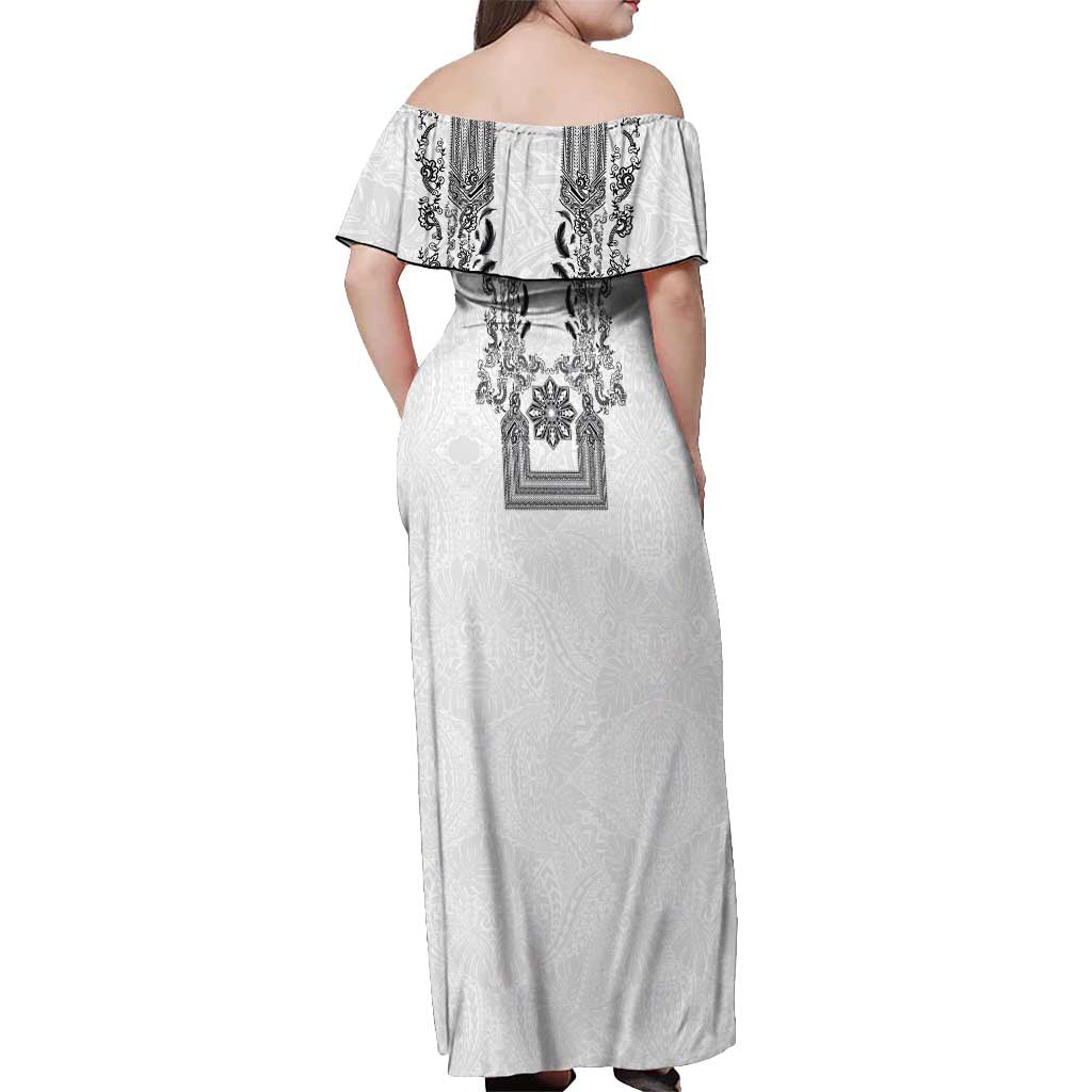 Philippines Barong Style Off Shoulder Maxi Dress with Polynesian Art and Leaf Motif Black-White Color