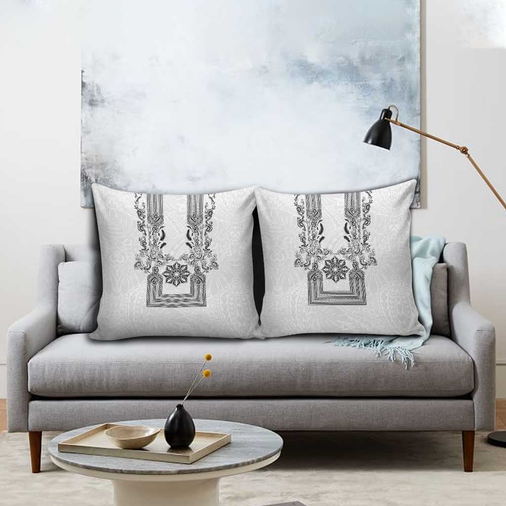 Philippines Barong Style Pillow Cover with Polynesian Art and Leaf Motif Black-White Color