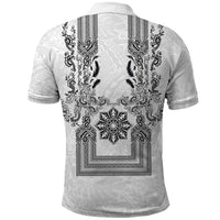 Philippines Barong Style Polo Shirt with Polynesian Art and Leaf Motif Black-White Color
